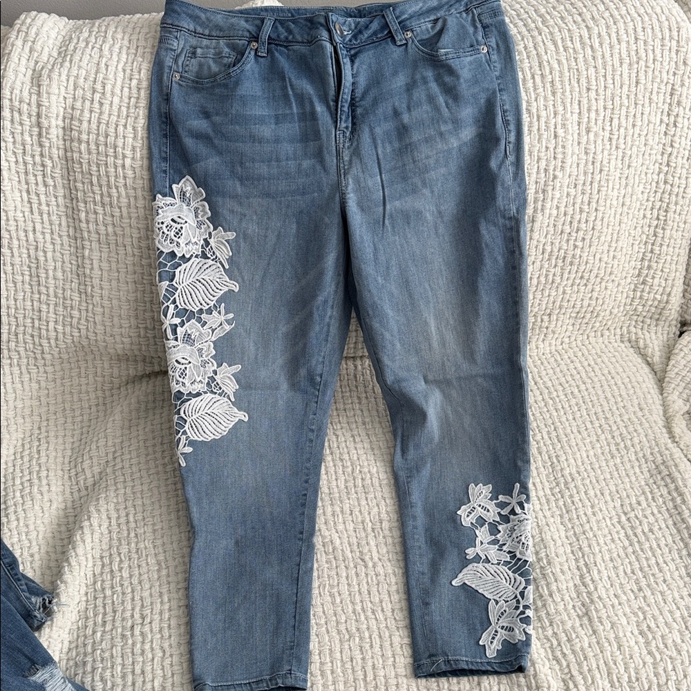 Lane Bryant Women's Blue Jeans with White Lace Detail